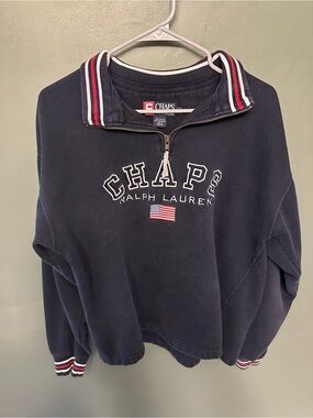 Ralph Lauren CHAPS Navy Quarter-Zip Sweatshirt with Red & White Trim